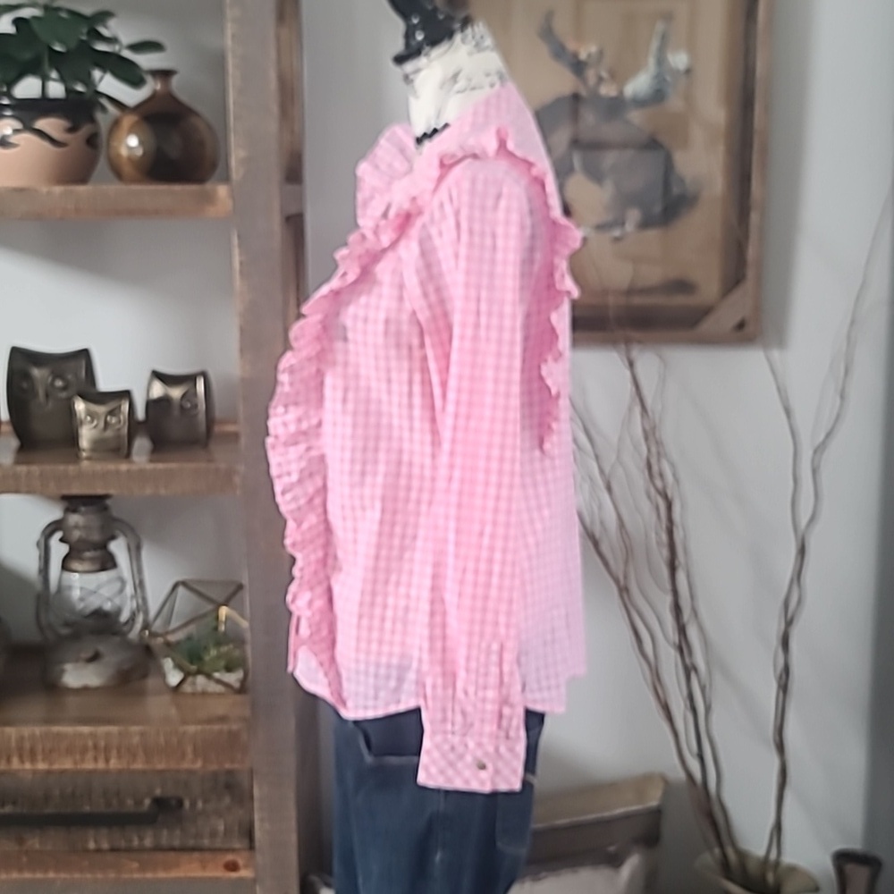 Charter Club Pink Ruffle-Trim Gingham Button-Up Top - Picture 5 of 8